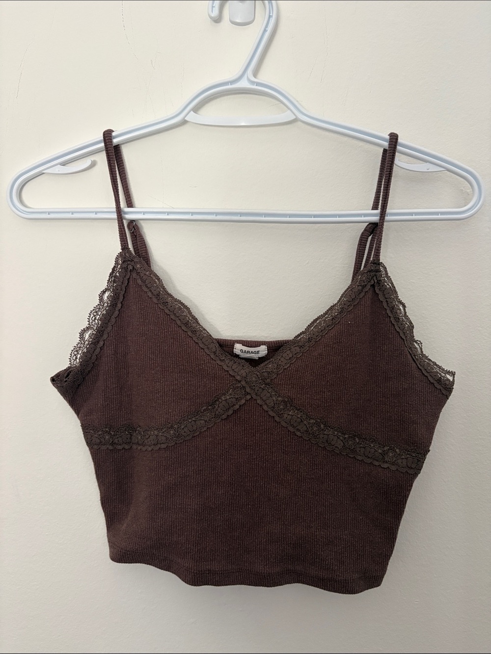 Garage Chocolate Brown Lace-Trim Ribbed Cropped Cami